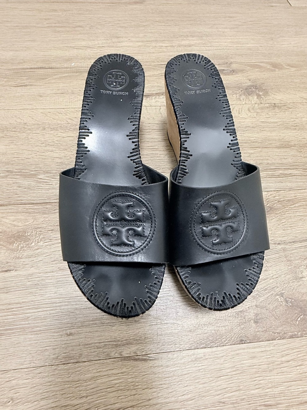 Tory Burch Black Leather Wedge Slide Sandals with Logo Medallion
